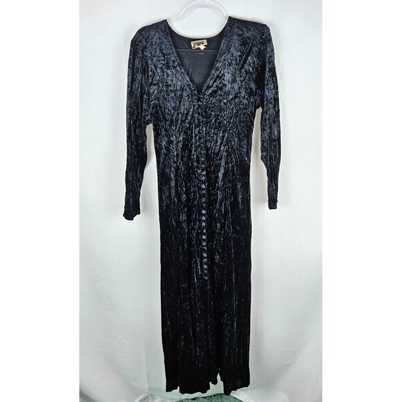 ZOE California Maxi Dress Sz Medium Vtg Black Crinkle Velvet Witchy Goth Vampire - Picture 4 of 14